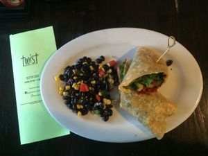 Vegan Roll Up with corn & black bean salad at Twist Bakery Cafe in Millis