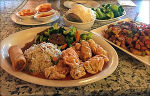 Vegan sweet and sour chicken steamed rice spring roll and broccoli beef at Yuan Su Vegetarian in Portland