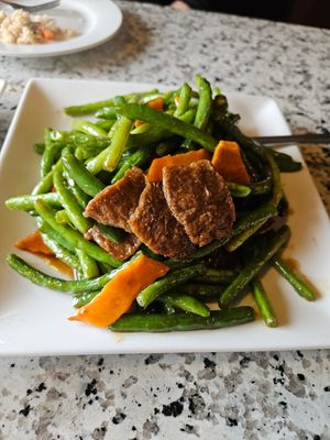 Grean bean veggie beef at Yuan Su Vegetarian in Portland