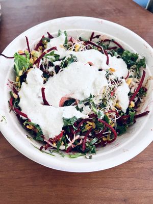 Green Detox Bowl. I forgot to take a pic before I mixed it all up ☺️ This dressing (a generous amount for sure) is the best plant based dressing I have ever tasted.  at Healthy Rabbit in Brantford