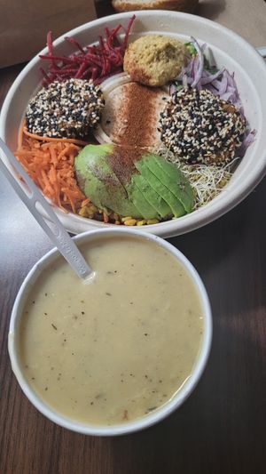 Seether vegan bowl with potato leek soup at Healthy Rabbit in Brantford