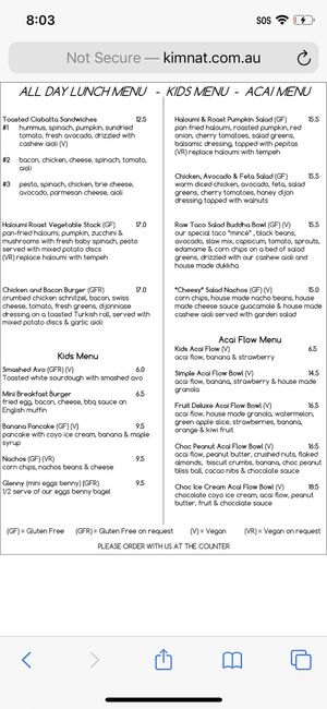 Menu at Kimnat Little Market & Cafe in Sunshine Coast