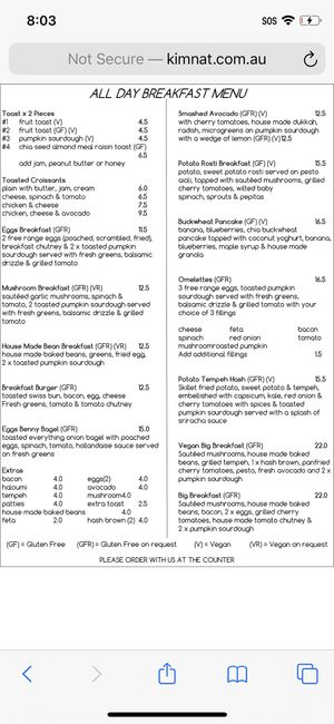 Menu at Kimnat Little Market & Cafe in Sunshine Coast