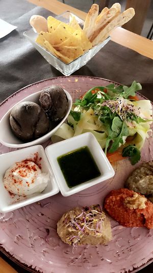 Three starters with three sauces - from Saturday menu at La Rogeta Cuina Vegana in Valencia