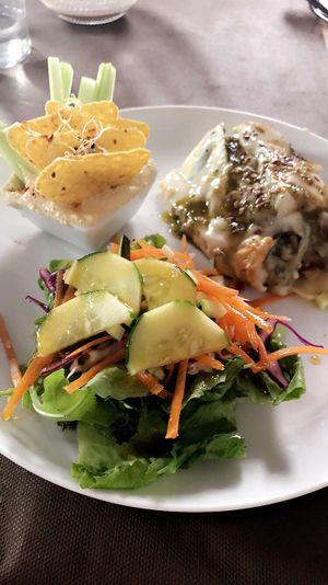 Lasagna with salad and hummos with crackers at La Rogeta Cuina Vegana in Valencia