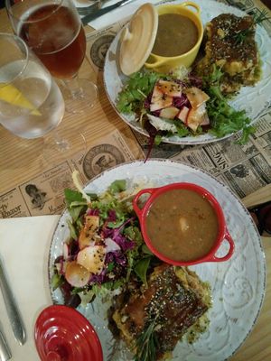 Lasagna with black bean soup at La Rogeta Cuina Vegana in Valencia