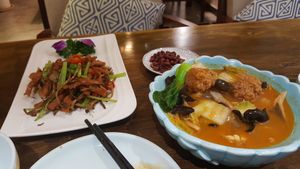 Wok fried soybean protein with chili 辣爆素鸡魨 and Stewed mixed soybean protein and lotus root 招牌狮子头, both good at Xian Zhuo Chan Yu in Xian