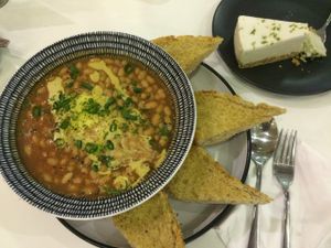 Baked beans with delicious sourdough bread.  Key lime pie. at Cheeky Yam in Cairns