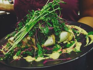 Mush Fu: Organic Tofu and vegetable scramble with mixed herbs on a creamy mushroom sauce. Topped with fresh spinach, sprouts, and creamy house dressing. Served in a buttery toasted tortilla. at Cheeky Yam in Cairns