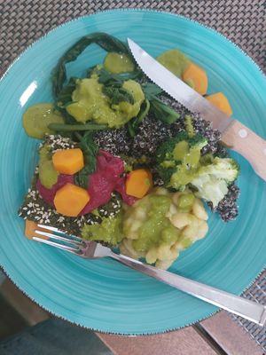 One of the many variations of the colourful daily lunch offering at Happy Belly / Eat Smart in Tirana