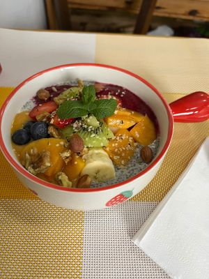 Scrumptious chia pudding full of fruit and gorgeously plated at Happy Belly / Eat Smart in Tirana