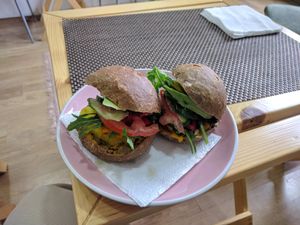 delicious sandwiches with avocado, potato, veggies... at Happy Belly / Eat Smart in Tirana