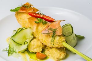 Vege Chicken masala with potato kebab & coconut "beacon".  at Saffron Gastrofusion in Jimbaran