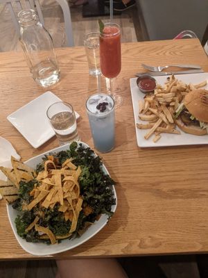 Fantastic bowl with tofu and burger with fries. Also some drinks! at Pure Kitchen - Elgin in Ottawa