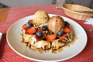 waffles with salted caramel and chocolate ice cream,  at Raw Cafe - La Molina in Lima