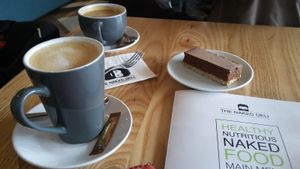 Vegan latte, Americano and raw snickers slice at The Naked Deli - Heaton in Newcastle Upon Tyne