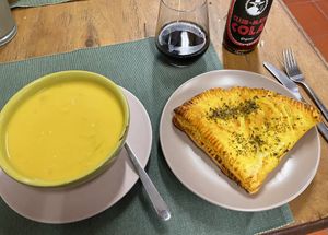 Soup of the day, puff pastry with pizza filling  at Green Beans in Lisbon