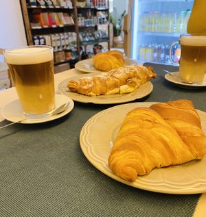 Latte & stuffed croissants 🥐   at Green Beans in Lisbon