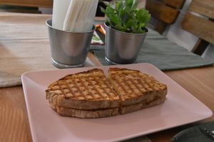 Salami and cheese toast at Green Beans in Lisbon