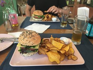 "Beyond meat" with sweet poteto fries  at Green Beans in Lisbon