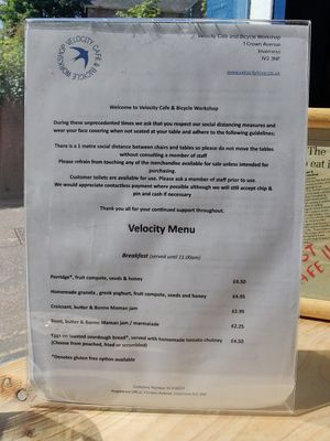 Breakfast menu (June '21) at Velocity Cafe in Inverness