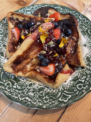 Vegan French toast with berries  at Velocity Cafe in Inverness