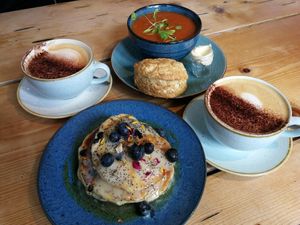 Blueberry pancakes, soup of the day + cheeze scone at Velocity Cafe in Inverness