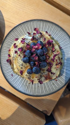 Classic lemon and blueberry pancakes at Velocity Cafe in Inverness