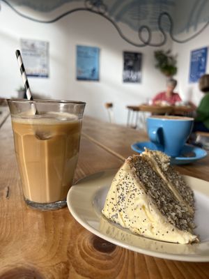 Iced coffee & lemon + poppy seed cake   at Velocity Cafe in Inverness