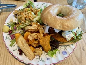 Pesto and squash bagel   at Velocity Cafe in Inverness