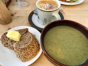Broccoli and coconut soup and soy cappuccino. at Velocity Cafe in Inverness