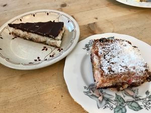 Vegan bounty slice and paradise slice with coconut, cherry and chocolate. at Velocity Cafe in Inverness