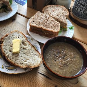 Mushroom Soup + Roast veg. and hummus sandwich at Velocity Cafe in Inverness