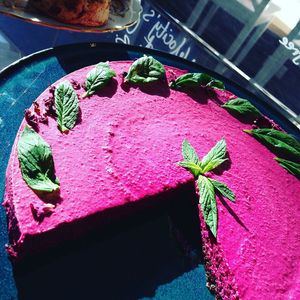 Vegan beetroot and coconut raw cake at Velocity Cafe in Inverness