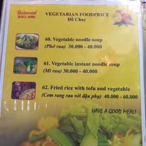 menu at Bao Anh in Ninh Binh