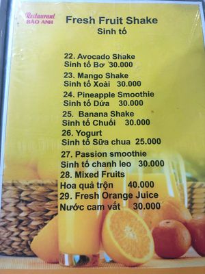 Menu 18 at Bao Anh in Ninh Binh