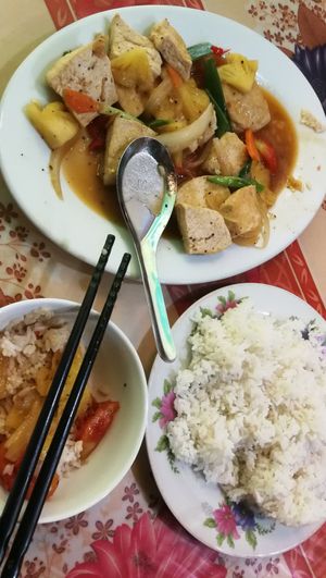 Tofu with pineapple(half eaten) at Bao Anh in Ninh Binh