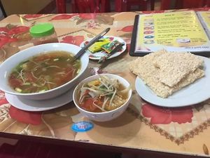 Vegan soup and crispy rice at Bao Anh in Ninh Binh