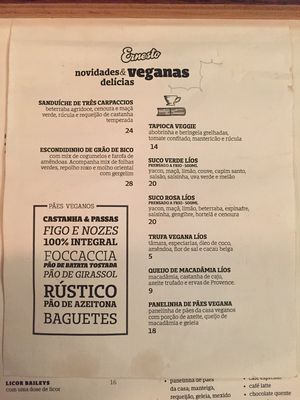 Vegan menu at Ernesto Cafes Especiais - Asa Sul in Brasilia