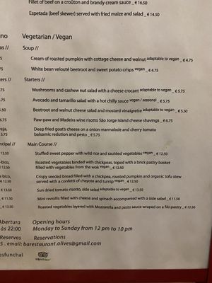 The current Vegan/vegetarian menu at Olives Restaurante in Funchal