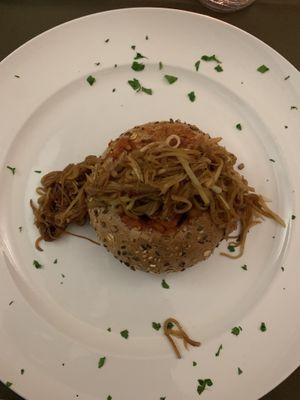 Bread filled with tofu, chickpea, pumpkin stew  at Olives Restaurante in Funchal