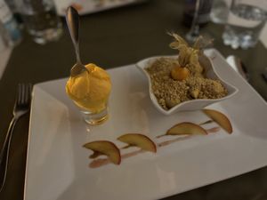 Apple crumble with ice cream   at Olives Restaurante in Funchal