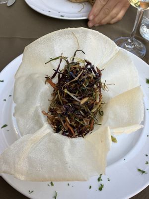 Roasted vegetables bindes with chickpeas, topt with a brick pastry basked  at Olives Restaurante in Funchal