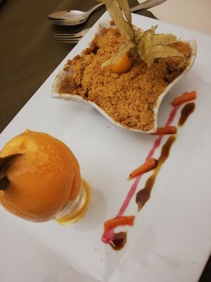 Fruit crumble and tangerine sorbet at Olives Restaurante in Funchal