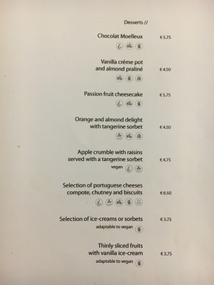 dessert menu at Olives Restaurante in Funchal