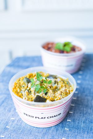AUBERGINE & RED LENTIL DAHL
organic red lentil, organic basmati rice, aubergine, golden raisin, coconut, parsley, curry with coconut milk.
 at Cojean - Printemps in Paris