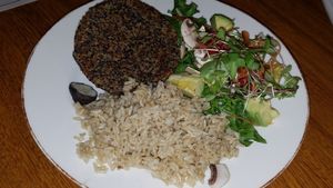quinoa burger rice and salad at Armonica Cafe in Lima