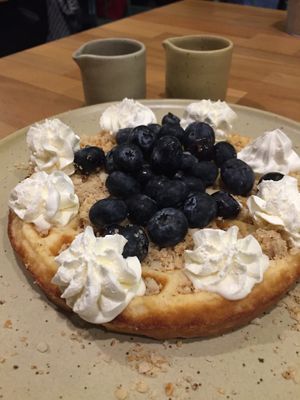 Waffles with blueberries and cream at Armonica Cafe in Lima