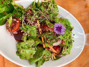 Vegan superfood salad!  Yummy!!  at Crusoe's Cafe & Bar in Stoke
