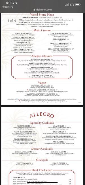 Vegan menu  at Wynn Hotel - Allegro in Las Vegas